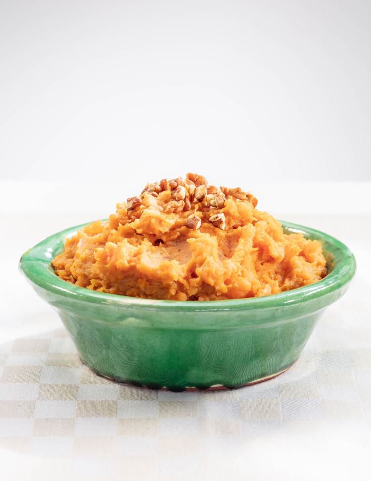 Mashed Sweet Potatoes with Peach Preserves and Toasted Pecans